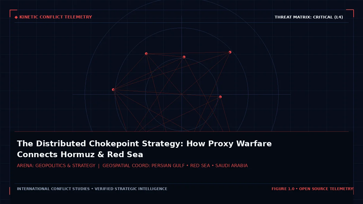 Tactical diagram and operational theater map depicting the Distributed Chokepoint Strategy connecting the Strait of Hormuz, Bab el-Mandeb, and inland Saudi energy pipelines.